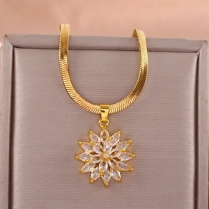 Sunflower Pendant Necklace Copper Gold Plated With Clear Zircon Inlay Snake Bone Chain Elegant Jewelry For Women