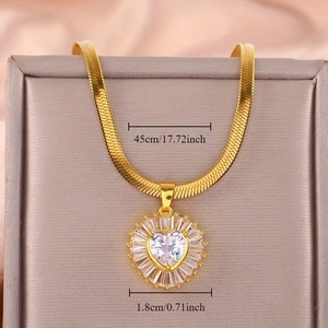 Gold heart pendant necklace with clear cubic zirconia in jewelry box, 45cm chain length