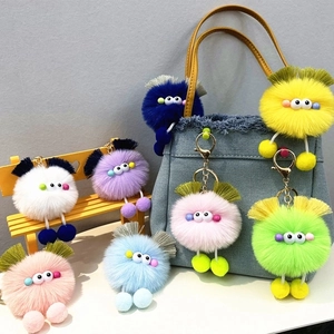 Plush Monster Keychain Fluffy Faux Fur Alloy Big Eyes Ugly Cute Cartoon Bag Charm Pendant Accessory For Women Girls