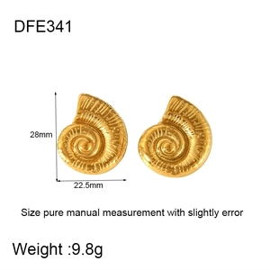 Detail showing 28mm x 22.5mm dimensions of gold spiral shell stainless steel earrings