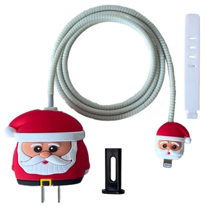 Detail view of 5-piece Santa Claus silicone charger cover set with cable protector