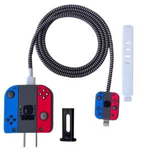 Detail of red and blue Nintendo Switch style 20W charger cover and cable protector set