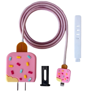 Detail of pink ice cream silicone protector set for 20W charger adapter and cable