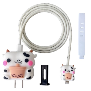 Cow cartoon silicone kit for 20W charger with spiral cable wrap and connector guards