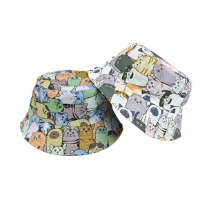 Unisex bucket hat with colorful cartoon cat digital print pattern on white background