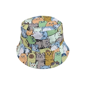 Fashion bucket hat with colorful cartoon cat prints and all-over pattern design