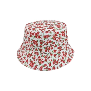 Close-up of small red floral print and cotton fabric texture on a white bucket hat