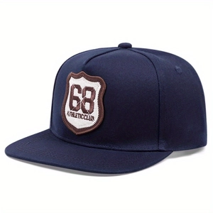 Navy blue flat brim snapback cap with 68 Athletic Club shield embroidery at 45-degree angle