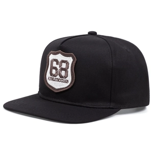 Flat brim black snapback hat featuring 68 Athletic Club shield embroidery in street style