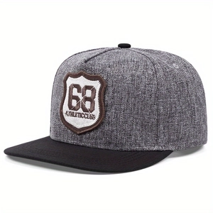 Gray and black flat brim hip hop hat with embroidered 68 athletic club shield patch