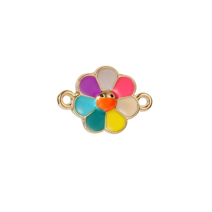 Detailed view of a gold alloy flower connector with multi-colored enamel petals and two side loops