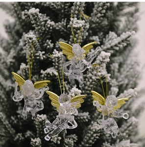 Set of 4 transparent Christmas angel ornaments with gold wings on a snowy tree branch