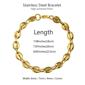 Detail of high polished gold stainless steel coffee bean link chain bracelet specifications