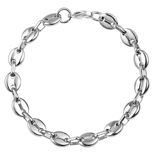 Polished silver stainless steel coffee bean link bracelet in a classic hip hop style
