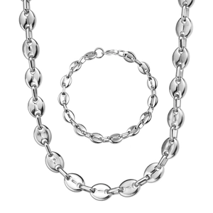 Polished silver stainless steel coffee bean link chain necklace and bracelet jewelry set