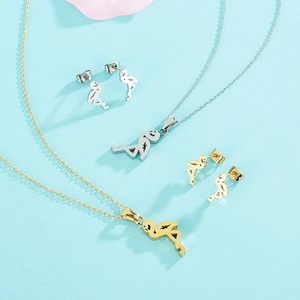 Flamingo jewelry set with hollow stainless steel necklace and stud earrings in gold and silver