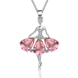 Pink gemstone ballerina pendant necklace in silver finish with sparkling drop crystals
