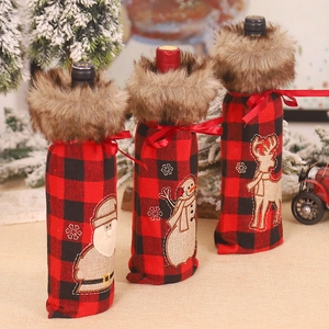 Christmas red and black buffalo plaid wine bottle covers with faux fur collars and embroidery