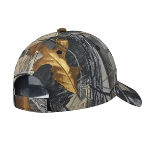 Vue arrière de la casquette camouflage avec sangle réglable et motif de feuilles