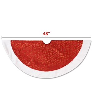 Detail view of 48-inch red Christmas tree skirt with gold snowflakes and white faux fur edge