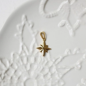 Detailed close-up of a minimalist 18K gold star pendant on an elegant white ceramic plate