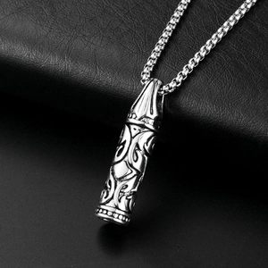 Silver bullet pendant necklace with hexagram engraving and stainless steel chain