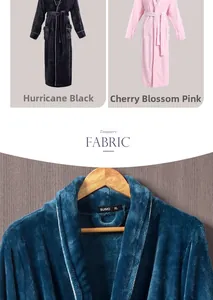 Detailed texture of thick flannel bathrobe with contrasting piping and hood design