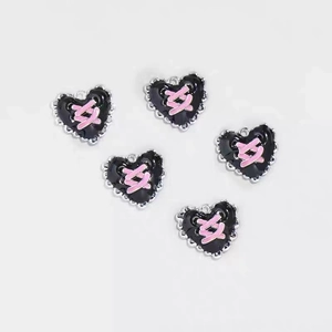 Y2K vintage black heart pendants with pink ribbon cross patterns for DIY jewelry