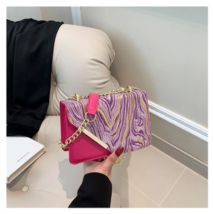 Women PU Leather Crossbody Bag Gold Chain Shoulder Small Square Marble Pattern Contrast Color Chic Elegant Ladies