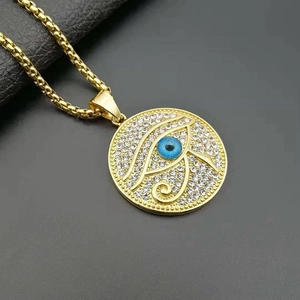 Hip-hop gold-plated stainless steel Horus Eye pendant necklace with blue stones and crystals