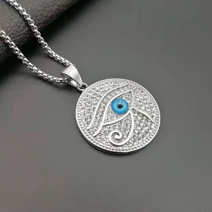 Titanium steel Eye of Horus pendant necklace with silver finish and blue eye crystal inlay