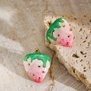 Chic gold-plated strawberry drop earrings with marble pattern pink enamel and green accents