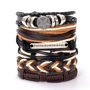 Multilayer leather and hemp rope braided bracelet set with inspirational metal plate