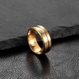 Polished 8mm two-tone stainless steel ring with gold edges and silver stripe on stone