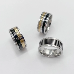 Tricolor stainless steel spinning rings set with Roman numerals in gold, silver, and black