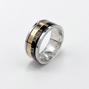 Three-tone stainless steel spinning ring with Roman numerals in gold, silver, and black