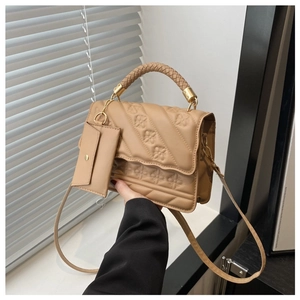 Khaki PU leather tote bag with diagonal quilting, woven handle and matching coin purse