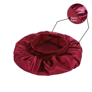 Burgundy satin sleep cap for women with wide elastic band for hair care and beauty
