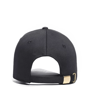 Classic black cotton baseball cap with adjustable gold metal buckle on the back side