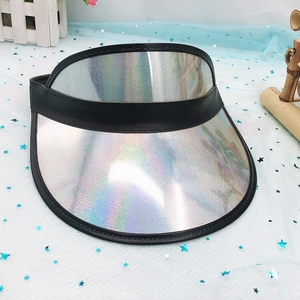Iridescent holographic sun visor with black trim shown from an overhead perspective