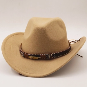Light khaki wool felt cowboy hat with metallic leaf buckle and woven decorative band