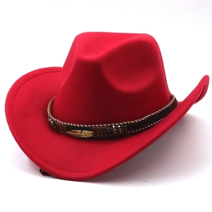 Classic red wool felt western cowboy hat with brown braided band and golden feather charm