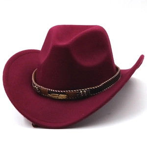 Classic burgundy wool felt cowboy hat with gold metal feather and braided band