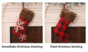 Detail of red and black buffalo plaid Christmas stockings with faux fur and snowflakes