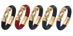 Five colored woven leather bracelets with gold infinity knots and magnetic clasps