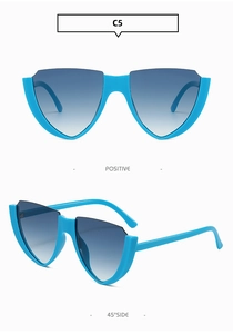 Detail view showing front and 45-degree angle of royal blue cat eye sunglasses