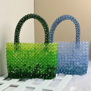 Exquisite handmade beaded tote bag in gradient green and blue acrylic crystal beads