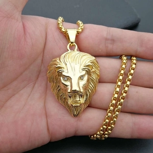 Hiphop gold plated stainless steel lion head pendant necklace with diamonds on box chain