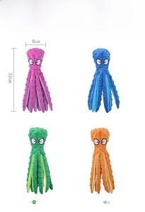 Detail showing 32cm plush octopus dog toys in purple blue green and orange colors