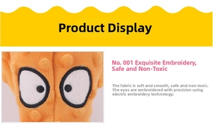 Detail of soft plush fabric and embroidered eyes on safe non-toxic orange pet toy